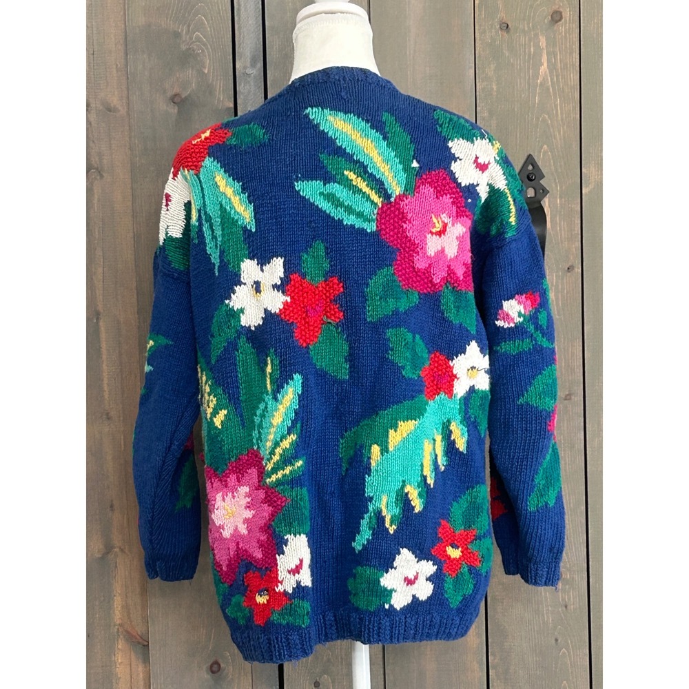 Izod Vintage Hand Knit Floral Cardigan Sweater Blue Ramie Cotton Womens Medium - Picture 5 of 7